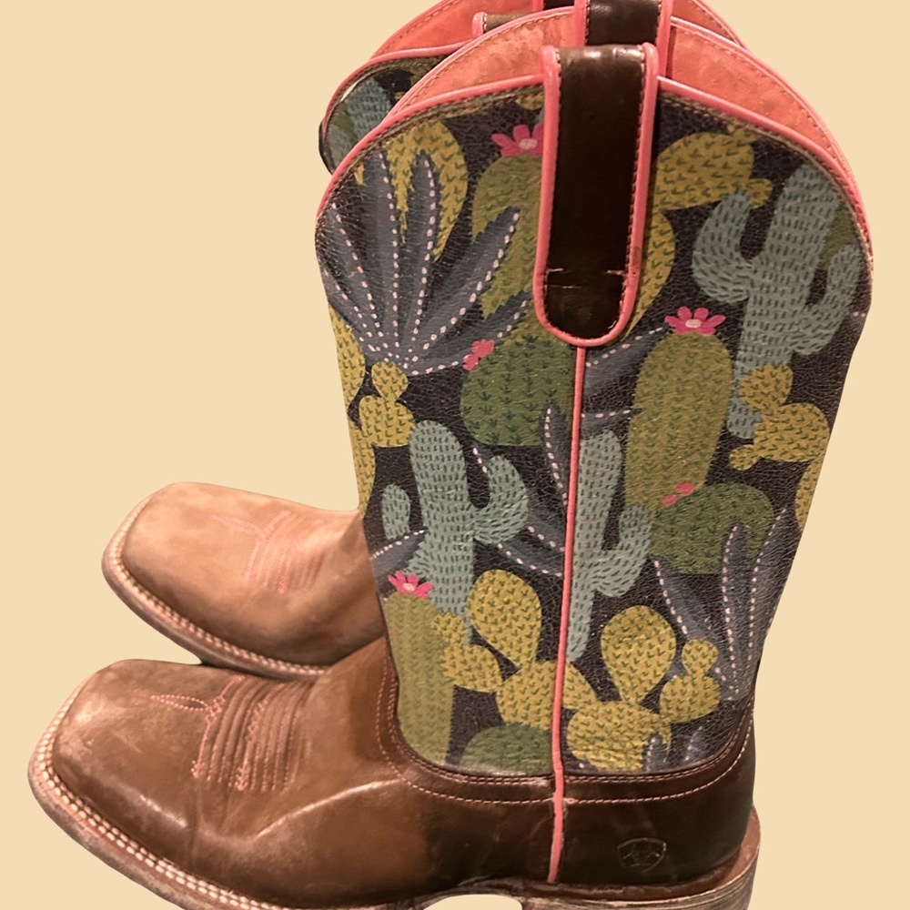 Cactus Print Cowboy Boots with Pink Trim